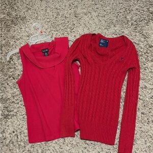 Pair of two women top AE Red Cable Knit Sweater & Rafaella sleeveless cowl neck